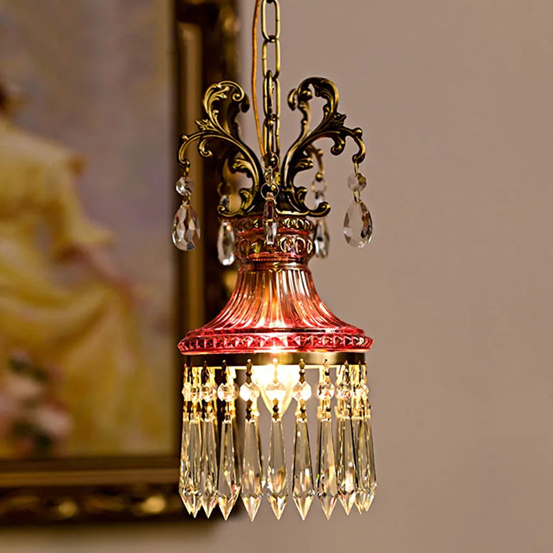 French Crystal Small Chandelier Retro Luxury Bedroom Bedside Hanging Rope Porch Aisle Corridor Balcony Copper Pendant Lighting