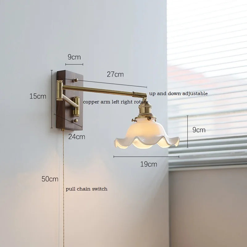 IWHD Pull Chain Switch LED Wall Lamp Beside Bedroom Living Room Light Arm Left Right rotate Wood Canopy Applique Murals Sconce