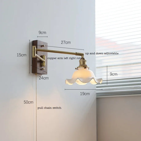 IWHD Pull Chain Switch LED Wall Lamp Beside Bedroom Living Room Light Arm Left Right rotate Wood Canopy Applique Murals Sconce