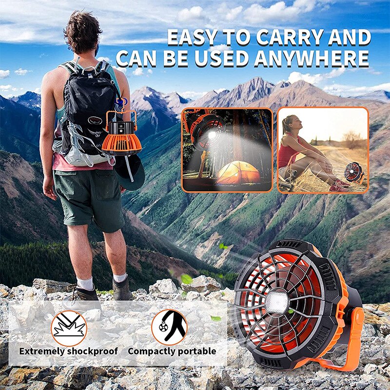 D2 Portable Camping Fishing Fan 2 in 1 LED Lamp Flashlight 3-Speed Outdoor USB Rechargeable Tent Fan Hanging Hook Torch Lantern