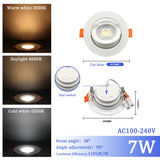 LED Change Color 3 CCT 3000K 4000K 6000K LED Ceiling Spotlight Embedded Light 7W AC 110V 220V Adjust 90°  1-10pcs Lighting Spot