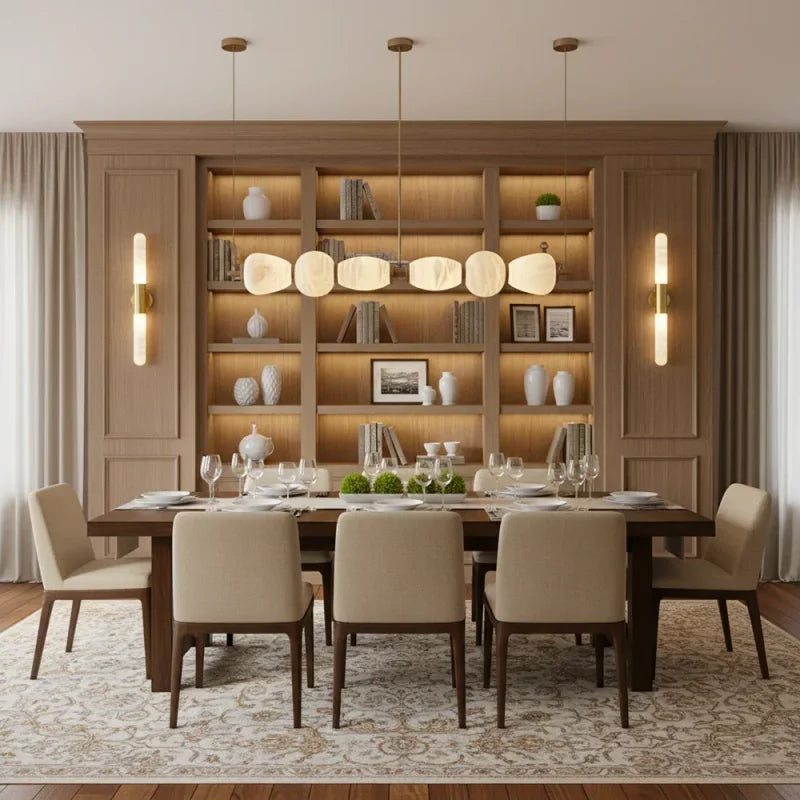 Modern Natural Alabaster Linear LED Chandelier - Brass & Marble Hanging Pendant Lamp for Dining Table, Kitchen Island & Living Room