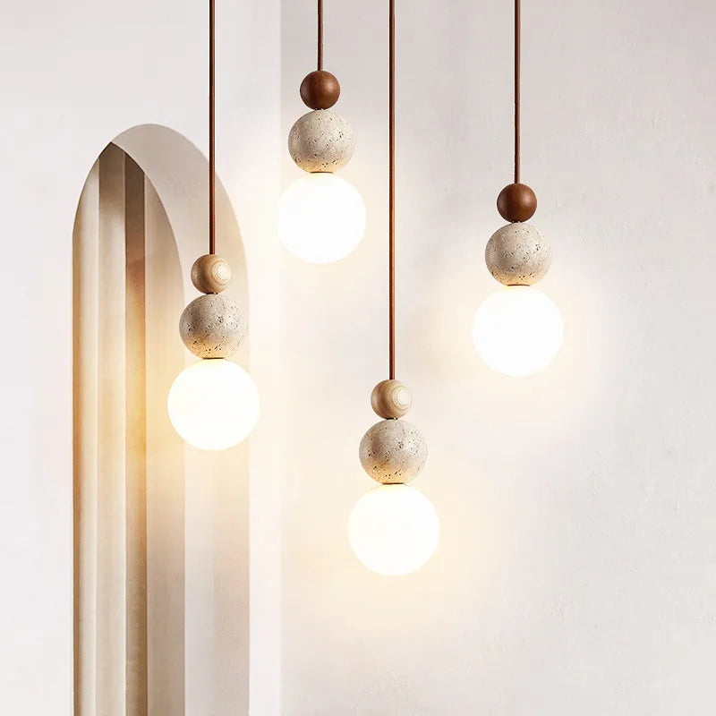 Luma Cream Style Yellow Travertine Pendant Lights, Nature Stone Wood Hanging Lamps for Bedroom Bedside Restaurant Kitchen Island