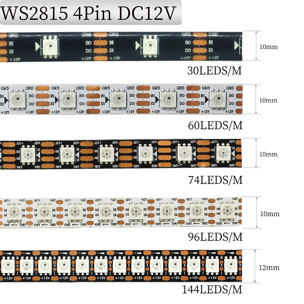 WS2812B WS2813 WS2815 Programmable LED Strip Light (1–5M, 144 LEDs/m) - DC5V/DC12V High-Density RGB Chasing Pixel Ribbon