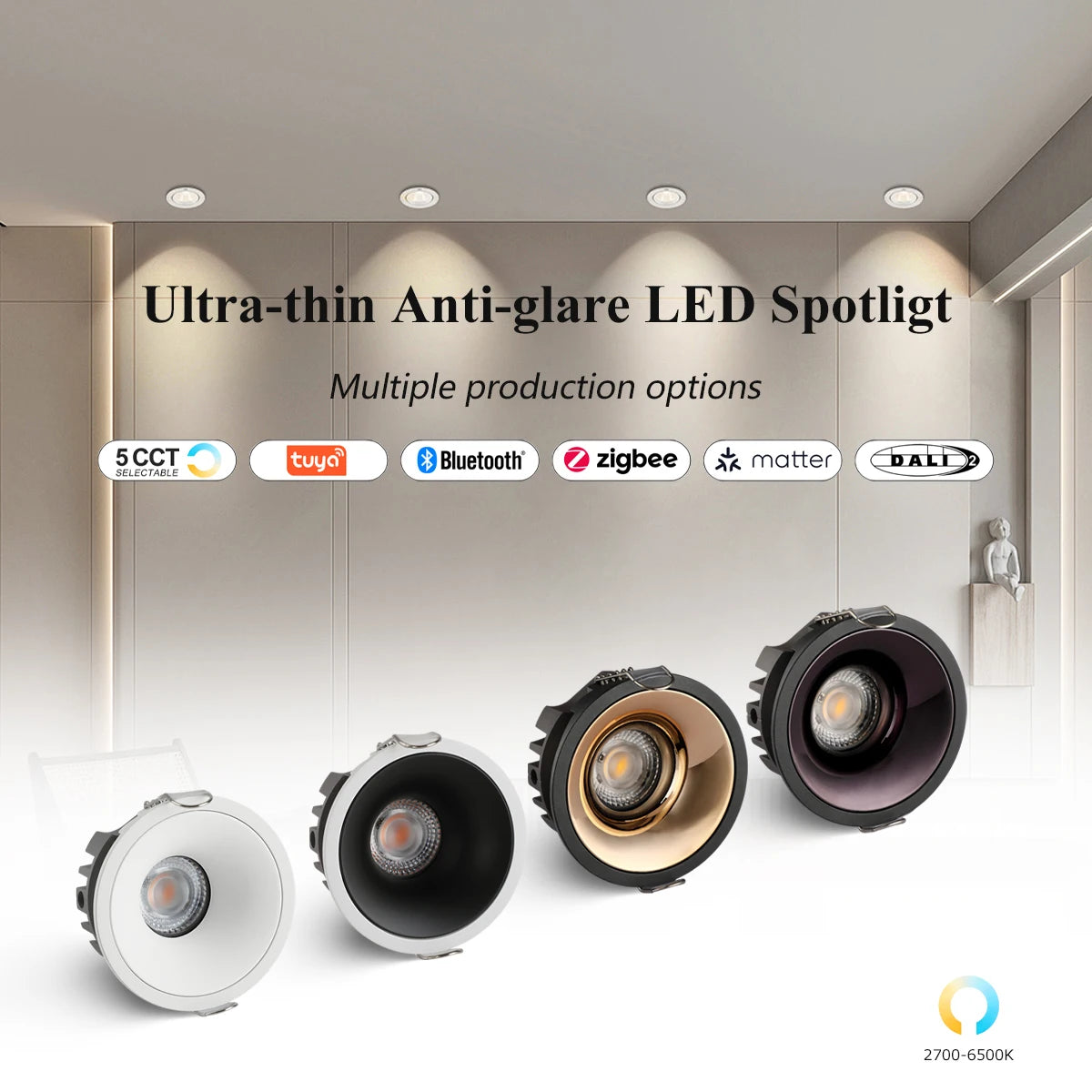 DC24V Constant Pressure Recessed LED Spotlight 5W 7W 9W 15W Round Ra93 Downlight for Tuya Zigbee BLE DALI DT8 Matter KNX System