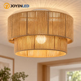 45CM Boho Rattan Semi Flush Mount Ceiling Light - Farmhouse Woven Hemp Rope E27 Lamp for Dining Room, Bedroom & Kitchen