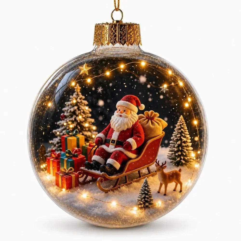 1pc 8CM Size Acrylic Material Christmas Ball Ornament Transparent Design with Light Santa Claus Pendant Hanging Christmas Decor