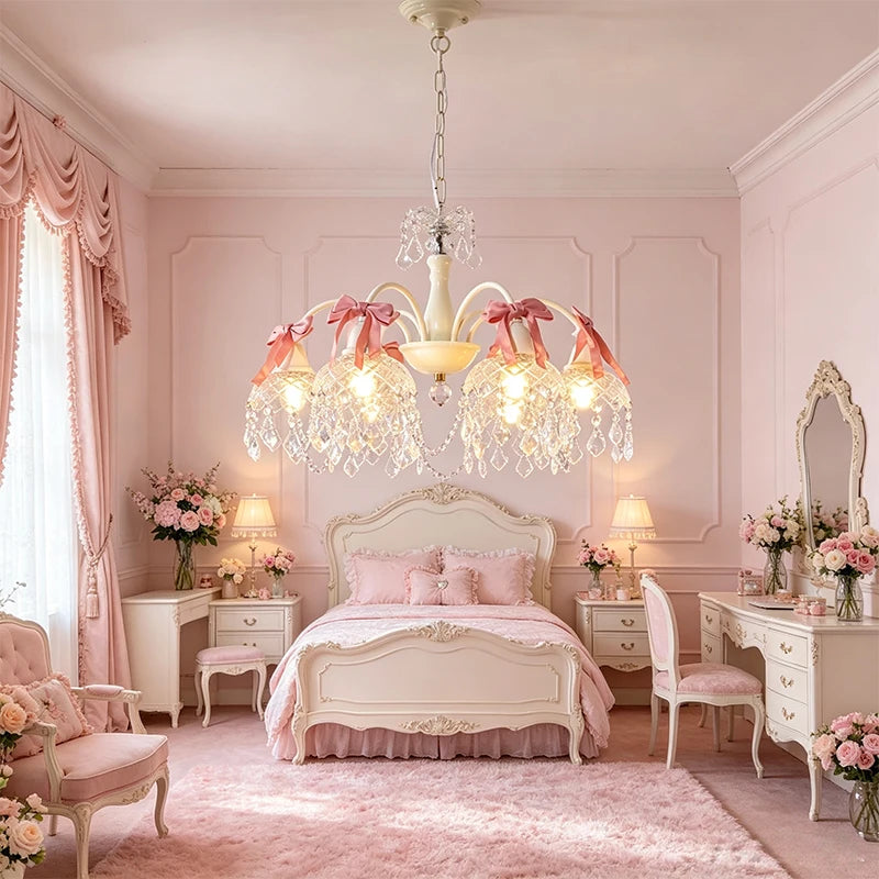 French Crystal Chandeliers Bedroom Living Room Dining Room Lamps Pink Bow Baby Room Princess Room Girl Bedroom Decor Chandelier