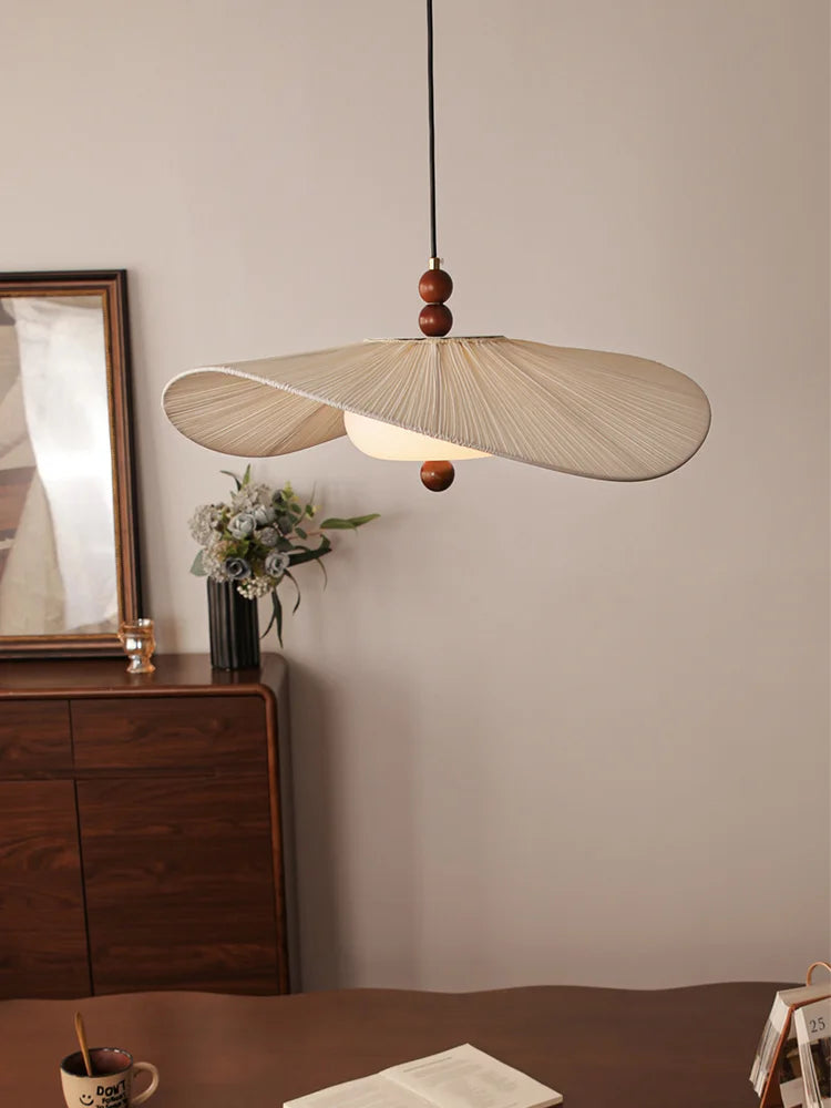 Wabi-Sabi Wood & Cloth Pendant Light - Retro Fabric Ceiling Chandelier Lamp Fixture with Glass Accents for Restaurant, Hotel & Home Decor