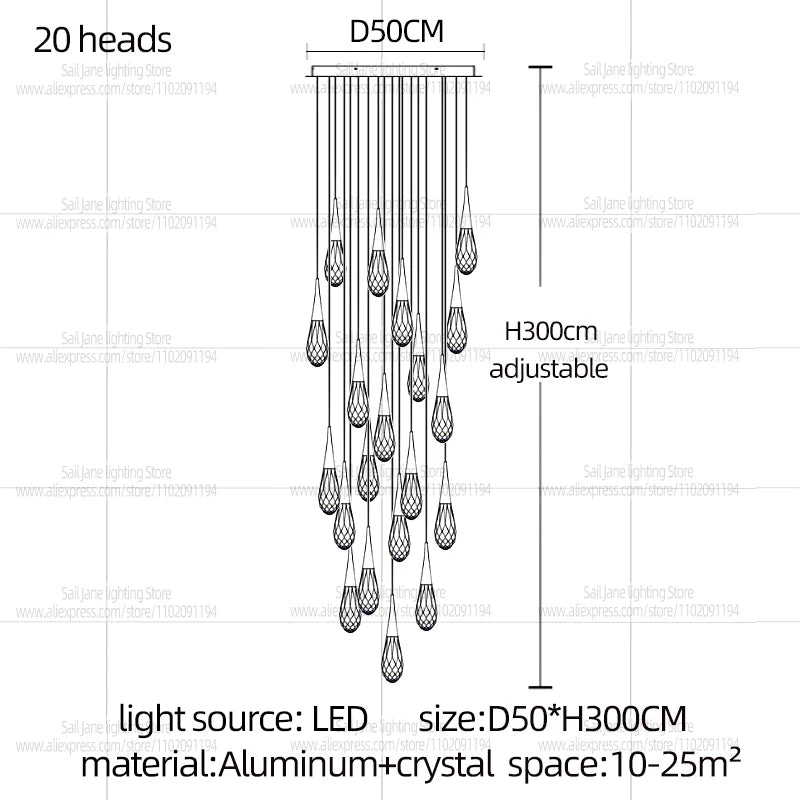 Modern Luxury Crystal Chandelier Hanging Staircas Water Droplet Pendent Lamp Villa Living Room Ceiling Light Attic Pendant Light