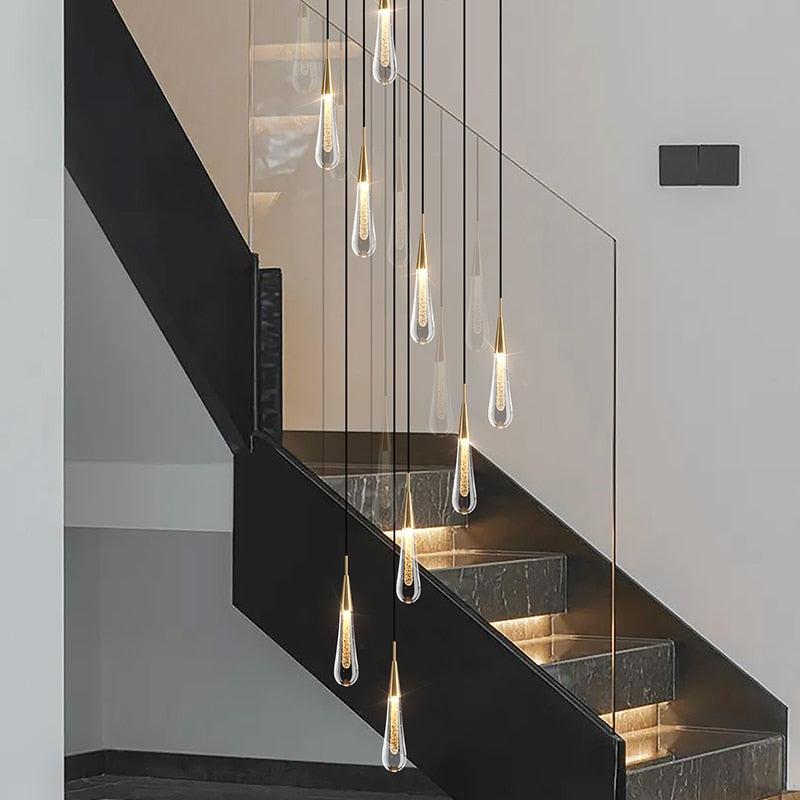 Modern Creative LED Lamp Pendant ForStair Lamp,Duplex Building Villa,Apartmenthigh Hanging Simple Crystal Gold Flowing Waterdrop
