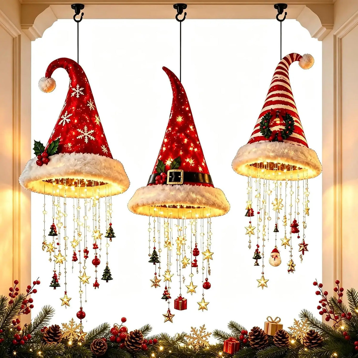 Christmas Santa Hat Hanging Light LED Lamp with Christmas Pendants Winter New Year Party Home Wall Ceiling Decor Ornament