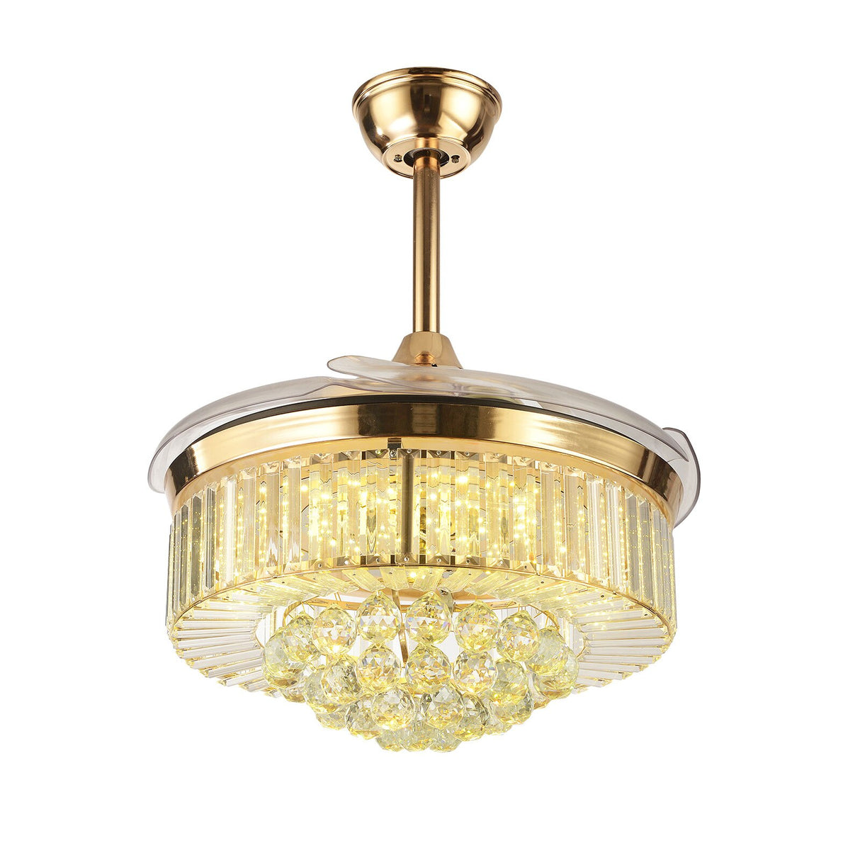Modern Dimmable Fandelier Crystal Ceiling Fan with Lights and Remote Invisible Retractable Chandelier Fan Light LED Lighting