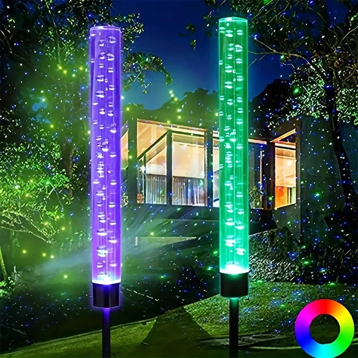 Solar Reed Bubble Stick Lights - RGB Color Changing Acrylic Lawn Stake Lamps