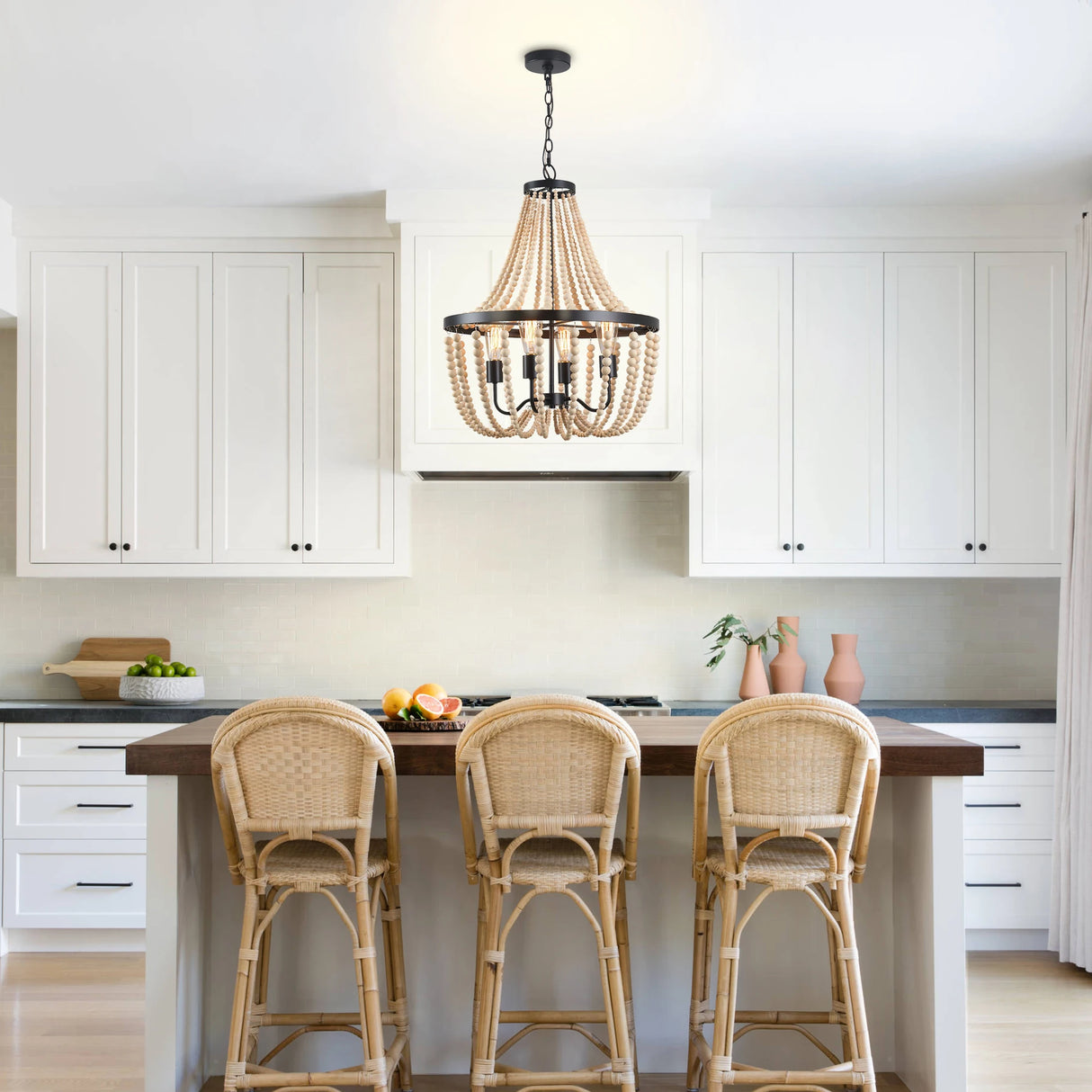 Modern Boho Wood Bead Chandelier Classic Dimmable High Ceilings Chandeliers With Matt Black Finished For Bedroom Hall