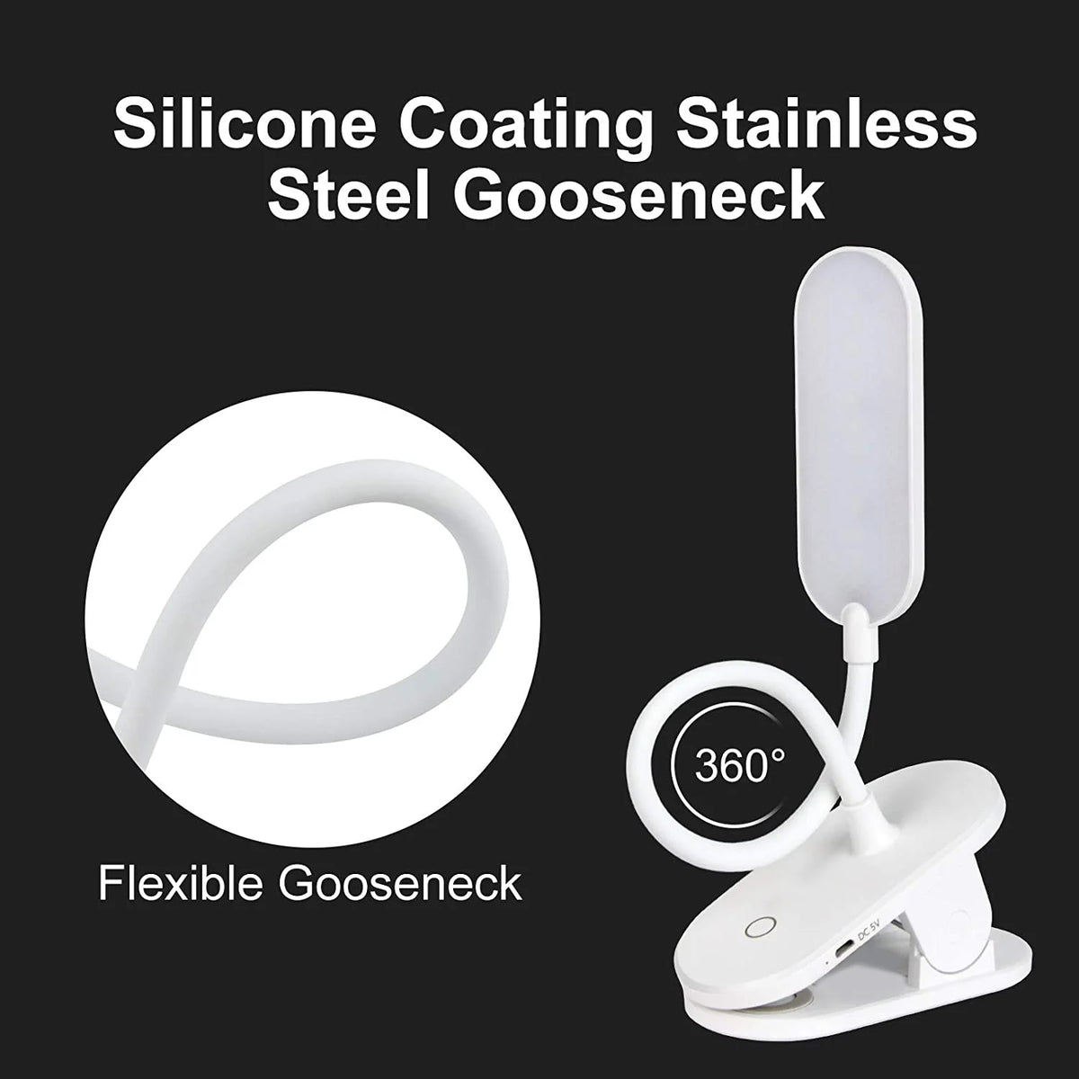 Rechargeable Book Light, Contact Control Adjustable Brightness Eye Protection Reading Light, LED Clip on Light