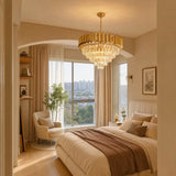 Modern Gold Round Crystal Chandelier, 5-Tier Raindrop K9 Crystal Pendant Light Adjustable Chain Luxury Ceiling Light Fixture for Dining Room Kitchen Island Living Room Bedroom