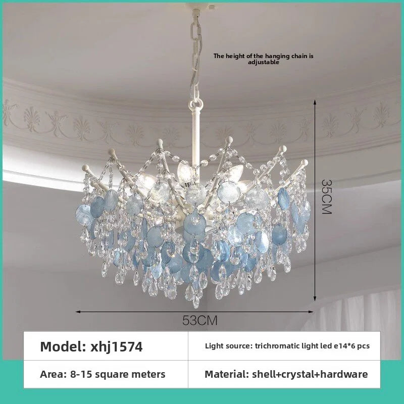 French Vintage-Style Living Room Chandelier In A Retro Blue Shell Villa Duplex Bedroom Crystal Lamp With A Sophisticated Touch