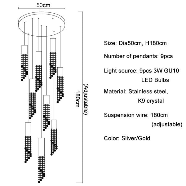 Modern Chrome Crystal LED Chandelier Luxury Large Cristal Staircase Hanging Fixture For Hallway Lobby Long Indoor Ceiling Lustre