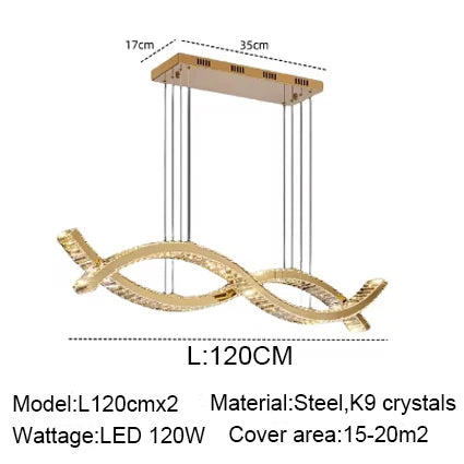 2026 Dining Room Lustre Remote Control Dimmable Pendant Lights Luxury K9 Crystal Hang Chandelier Wave Steel Lamp Fixtures
