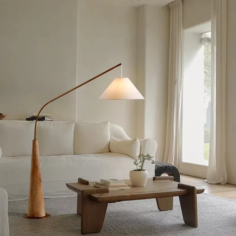 Modern Walnut Fishing LED Floor Lamp - Creative Minimalist Arc Standing Light Fixture for Living Room, Bedroom Bedside & Study