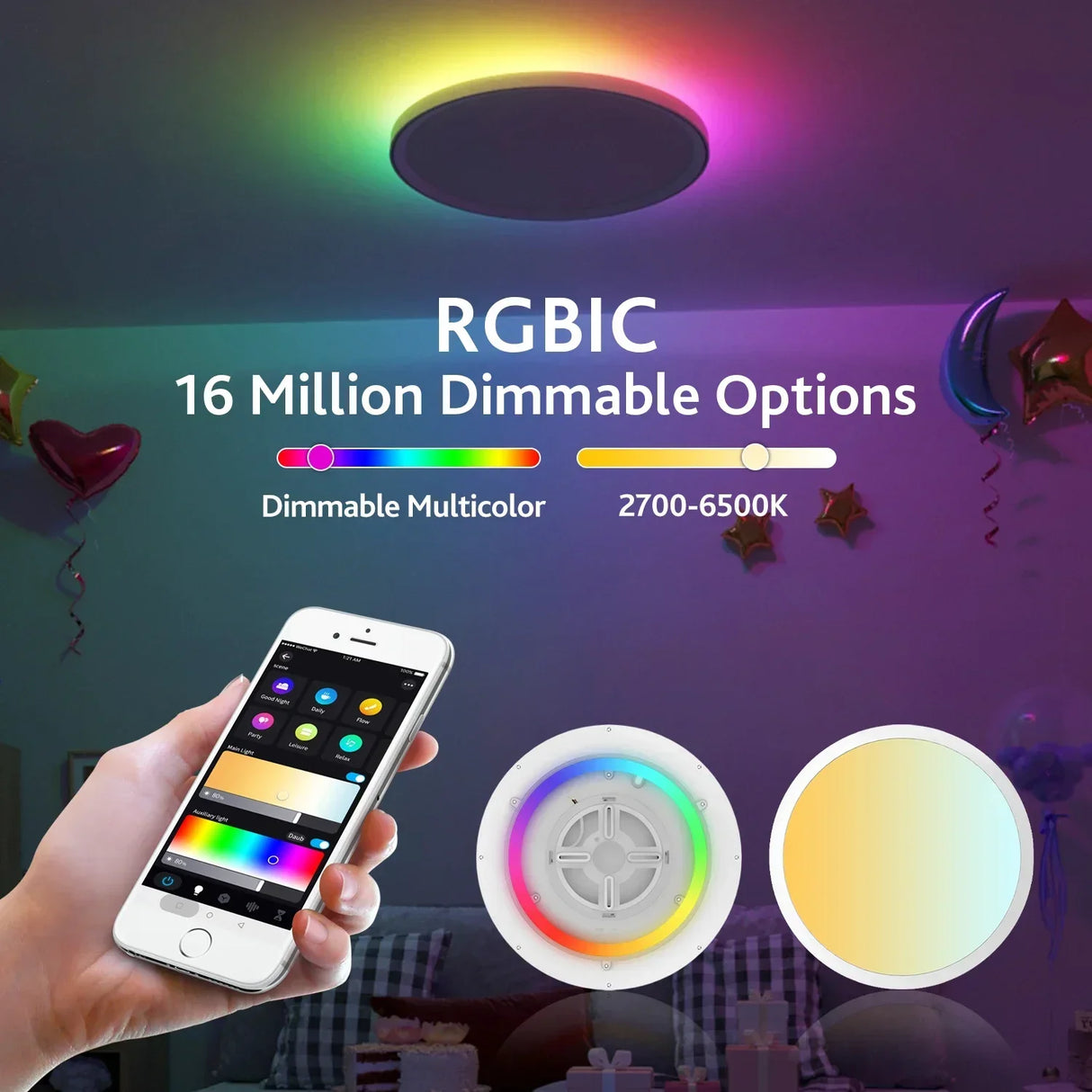 Smart 30W LED Ceiling Lamp with RGBIC Backlight - Alexa & Google Assistant Light