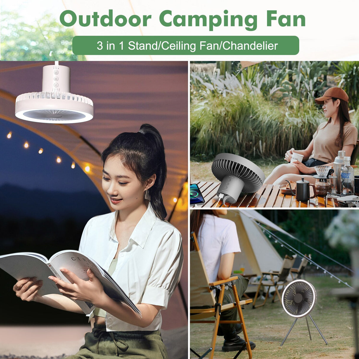 2 in1 Camping Fan Multifunction Home Appliances Usb Rechargeable Desk Tripod Stand Ceiling Cooling Fan With LED Night Light