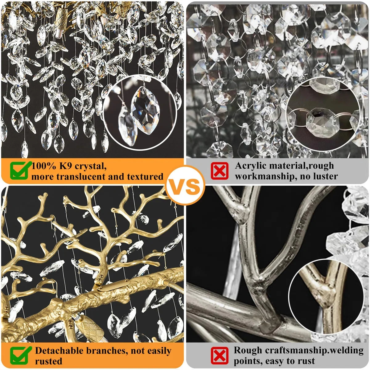 Retro K9 Crystal Tree Branch Chandelier - Modern LED Pendant Light Fixture for Villa Lobby, Foyer, Living Room & Weddings