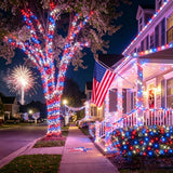 Patriotic Red White Blue LED String Lights - Solar Powered 4th of July Decor