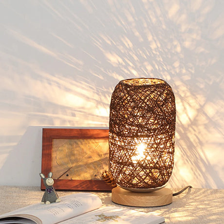 Led Night Light Wooden Rattan Twine Table Lamps Dimmable Light Desk Lights Home Art For Power Bank Bedroom Bedside Decoration