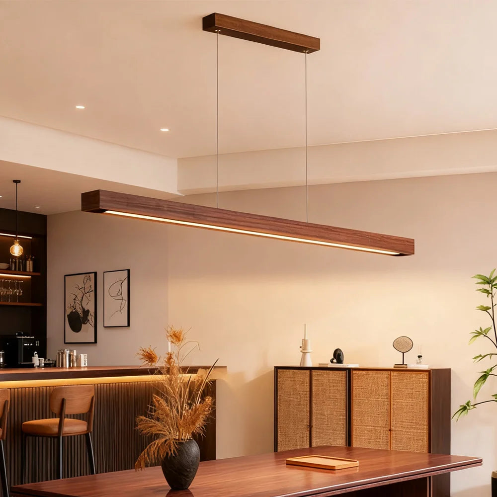 Nordic Pendant Light Wood Long Strip Suspension Chandelier for Living Dining Room Dining Table Lamp Lighting Fixture