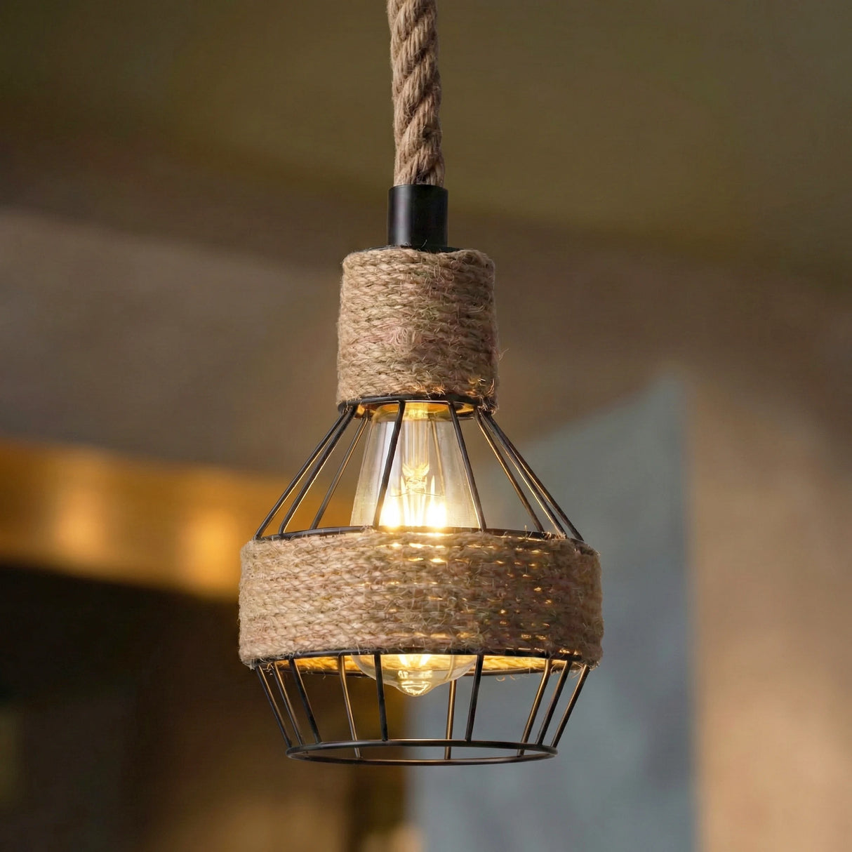 Industrial Loft Hemp Rope Chandelier - Vintage Dining Room Pendant Lamp