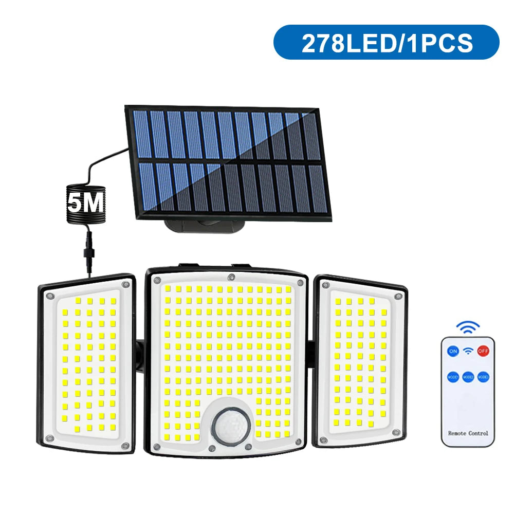 278 LED Solar Motion Sensor Outdoor Flood Light - 3-Head Waterproof Security Wall Lamp for Patio, Yard & Garage