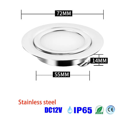 12V Embedded LED IP65 Camping Light 3W 5W Downlight Kitchen Living Room Ceiling Lamp 304 stainless steel Slim 14mm Cut Hole 55mm