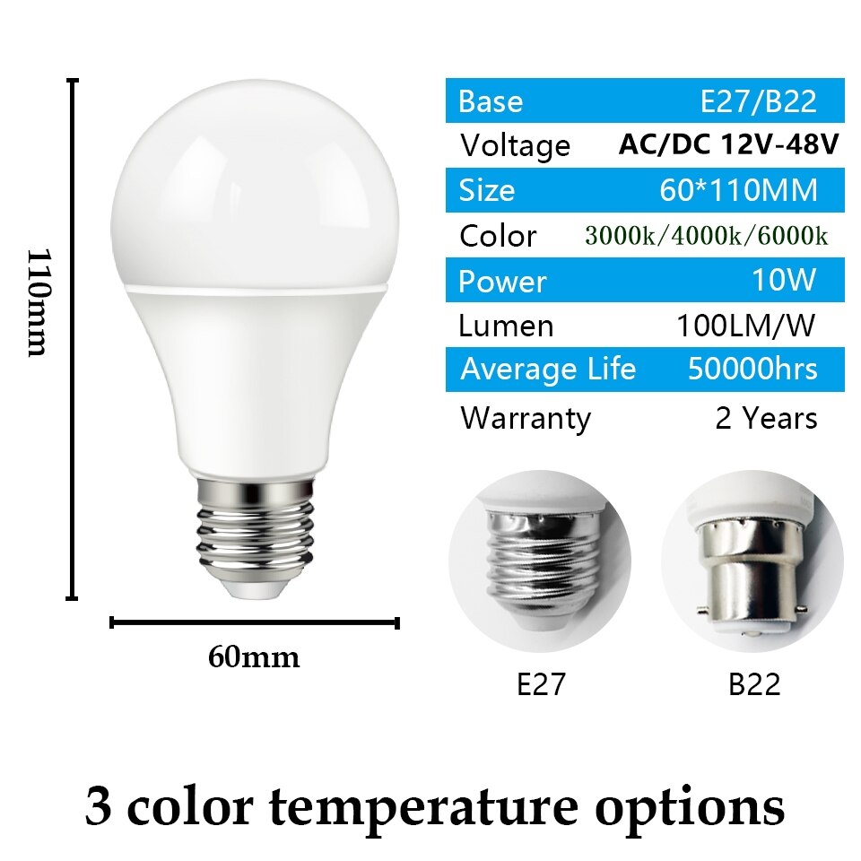 LED low-voltage bulb AC/DC12V 24V 36V 48V E27 B22 10W Bombilla For Solar Led Light Bulbs 12 Volts Low Voltages Lamp Lighting