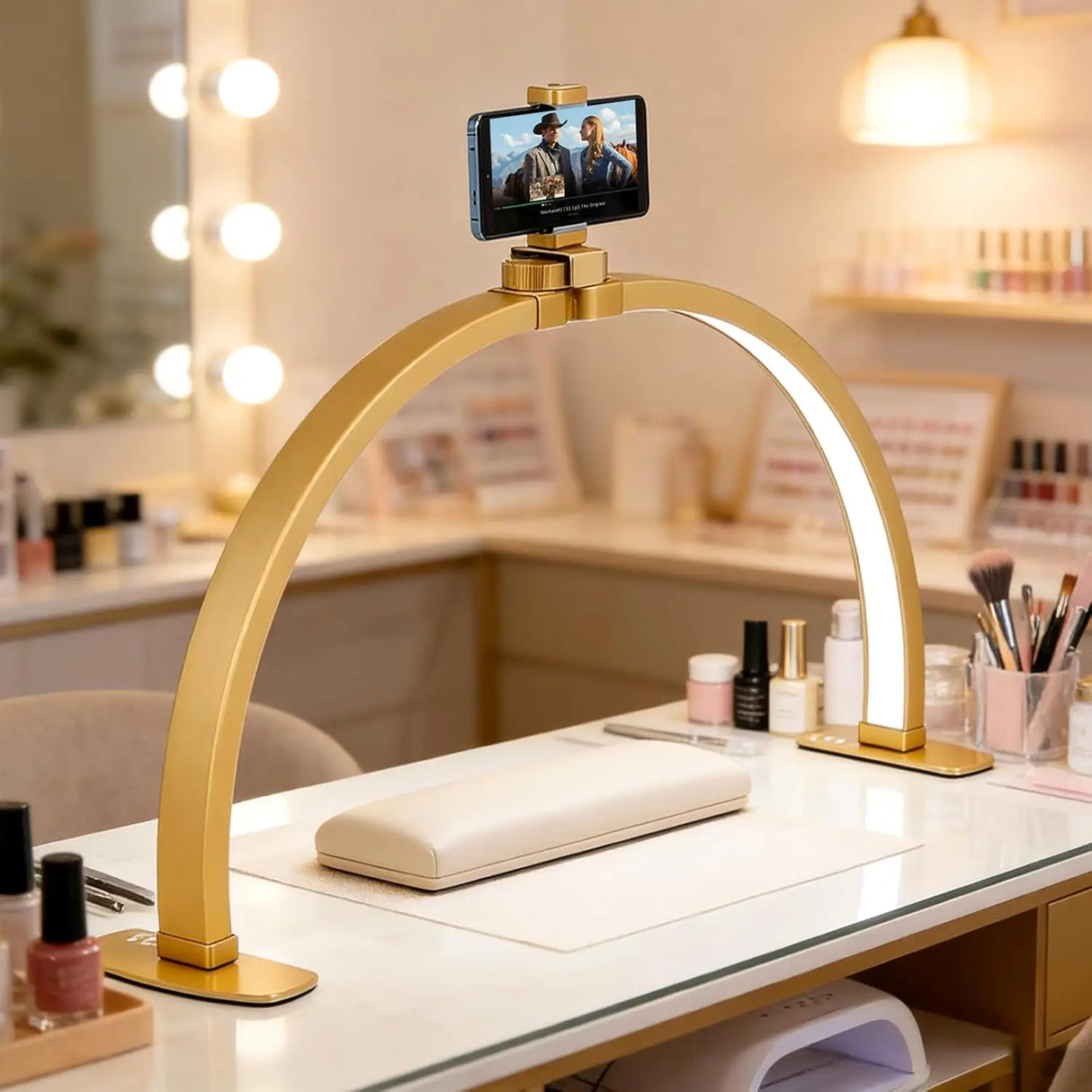 29IN Folding Half-Moon LED Nail Desk Lamp - Shadow-Free Light with Phone Holder