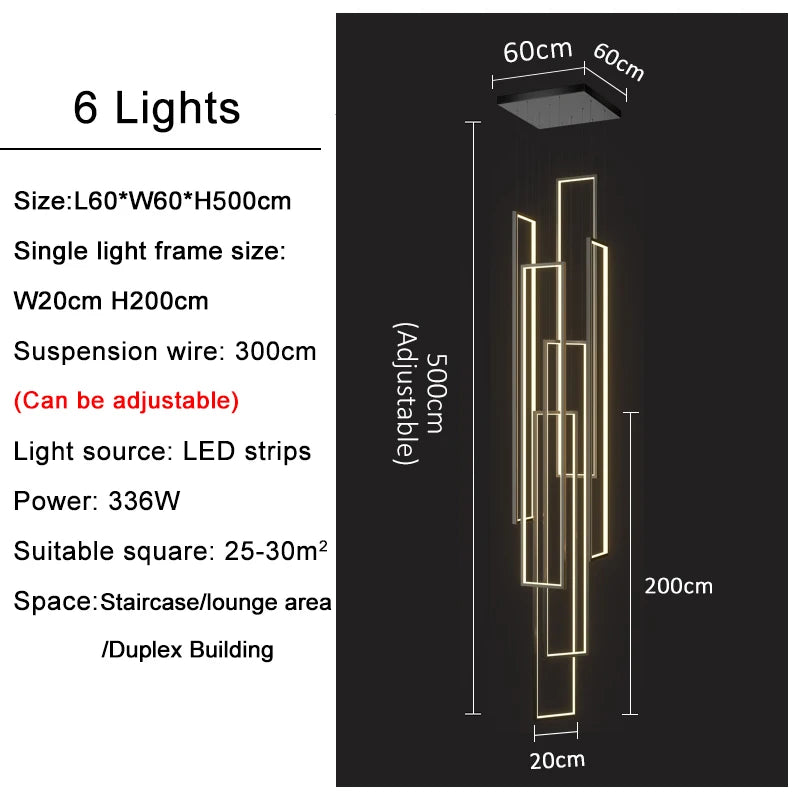 Large Modern Chandelier For Staircase Led Home Decors Hanging Lamp Black /Gold Indoor Lighting Luxury Creative Rectangle Luster&#39;s