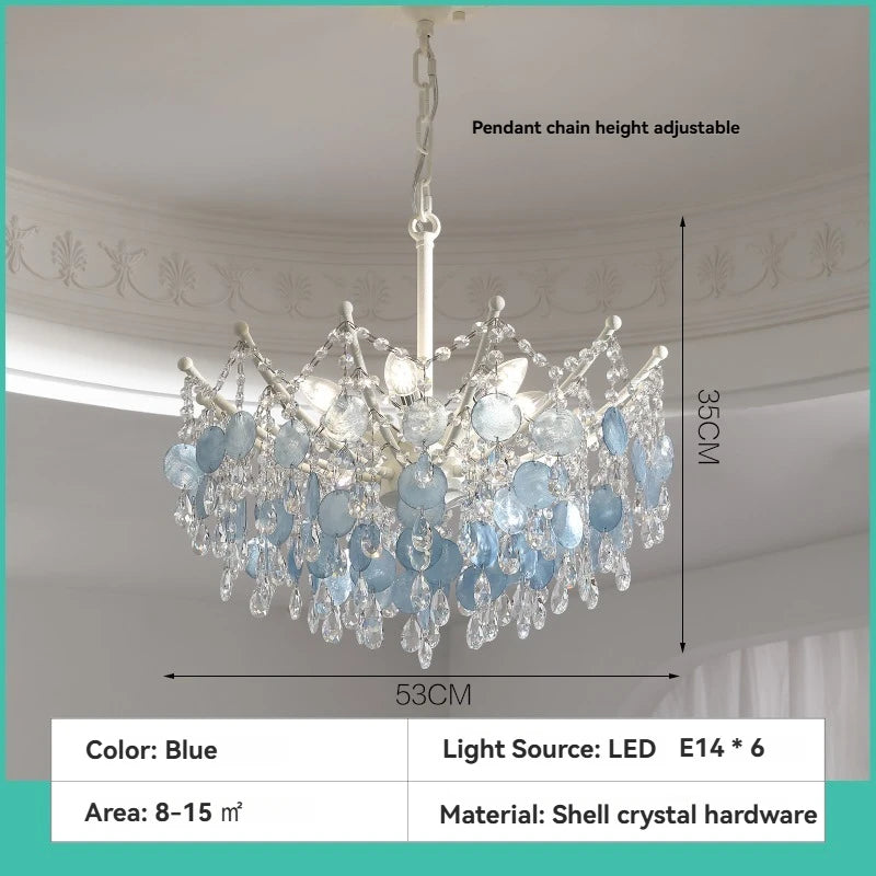 French K9 Crystal Chandelier Luxury Vintage Blue/White Natural Shell Pendant Light for Romantic Villa Living Dining Room Bedroom