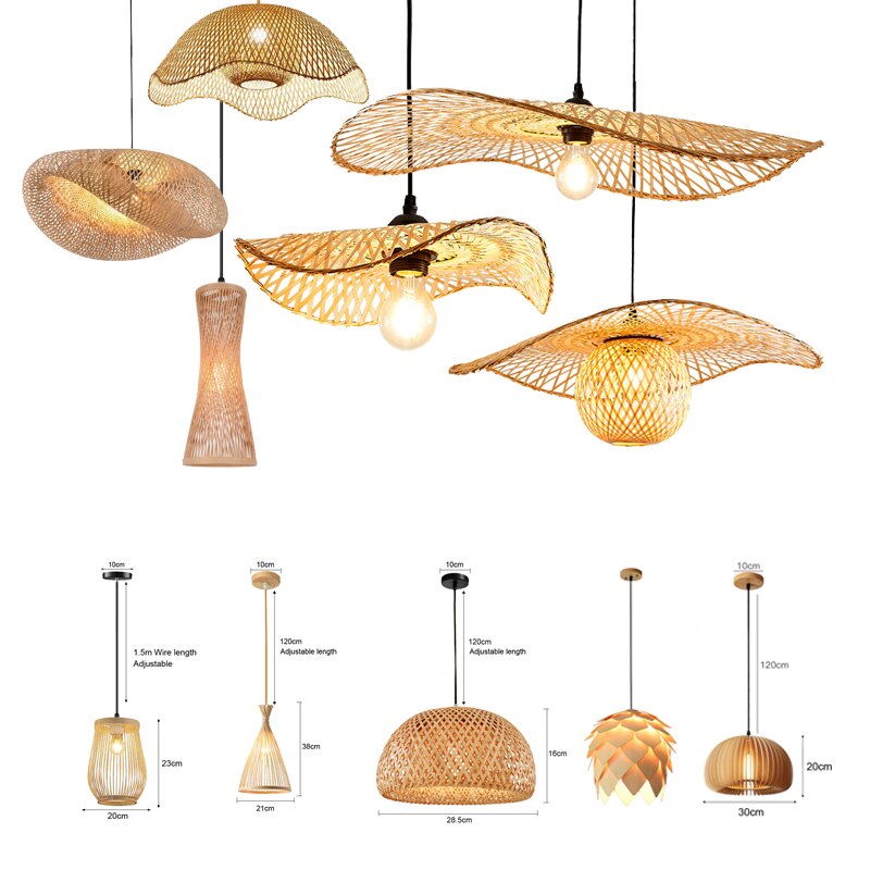 Handmade Vintage Pendant Lamp Bamboo Restaurant Café Chandeliers Wood Base E27 Bulb Lighting Hotel Bedroom Interior Classical
