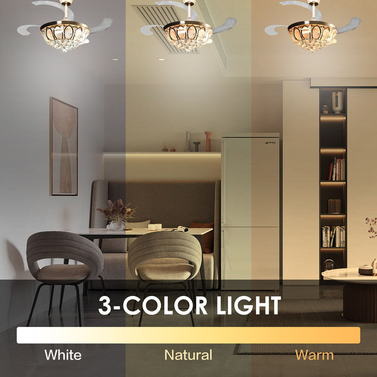 K9 Crystal Retractable Ceiling Fan Light Luxury LED Chandelier Lamp with Remote Control&amp;amp;4 Invisible Blades Golden