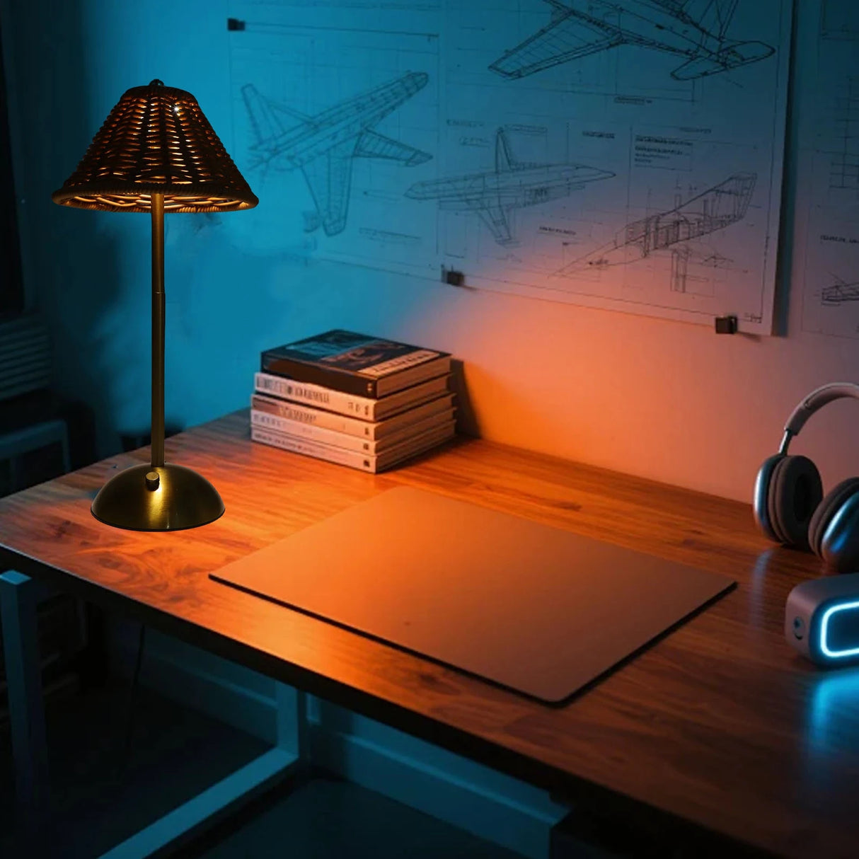 LED Rechargeable Reading Light Dimmable Bedside Lamp Energy Saving Eye Care Compact 600mAh PC Rattan Weaving for Restaurant