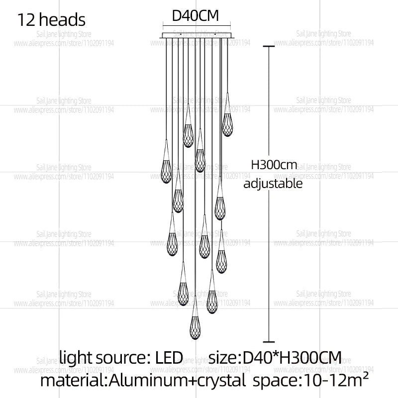 Modern Luxury Crystal Chandelier Hanging Staircas Water Droplet Pendent Lamp Villa Living Room Ceiling Light Attic Pendant Light