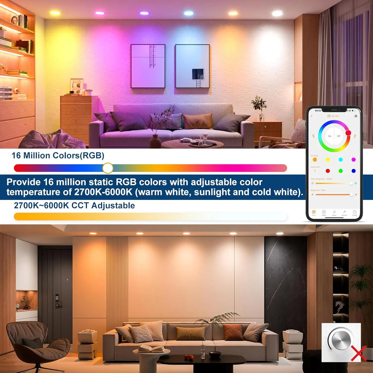 Tuya Smart WiFi 10W RGBCW LED Recessed Downlight (2700K-6500K) - App Dimmable Color-Changing & Tunable White Ceiling Spotlight Compatible with Alexa & Google Home