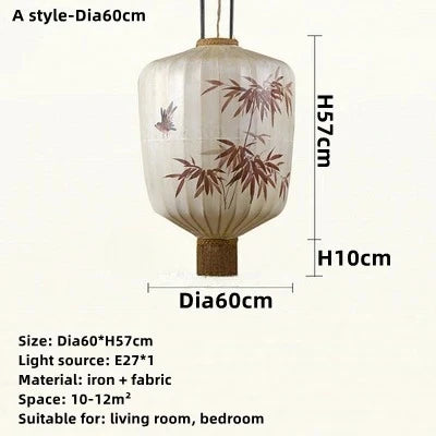 Chinese Style Japanese Fabric Lantern Pendent Lamp Hotel Restaurant Tatami Hand-painted Bamboo Leaf Pattern Room Decor Lights