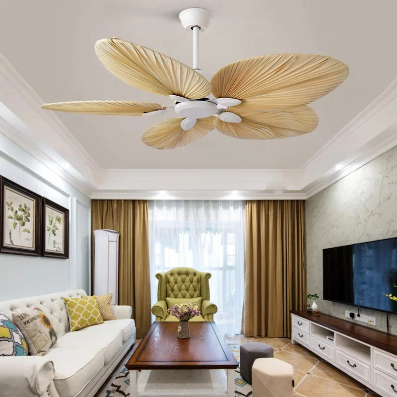 New High Quality 52inch Factory Price Natural Breeze Palm Leaf Fan Blades 110V 220V Ceiling Fan with Remote Control Living Room