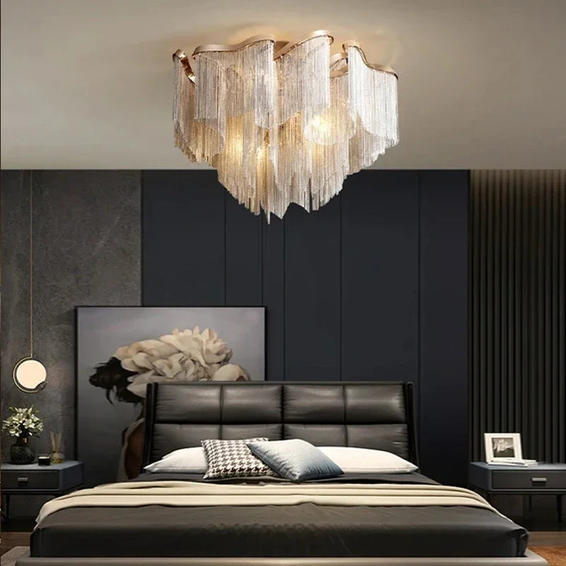 Modern Led Tassels Chain Ceiling Chandelier Aluminum Luxury Chain Ceiling Light Living Room Bedroom Kitchen Villa Decor