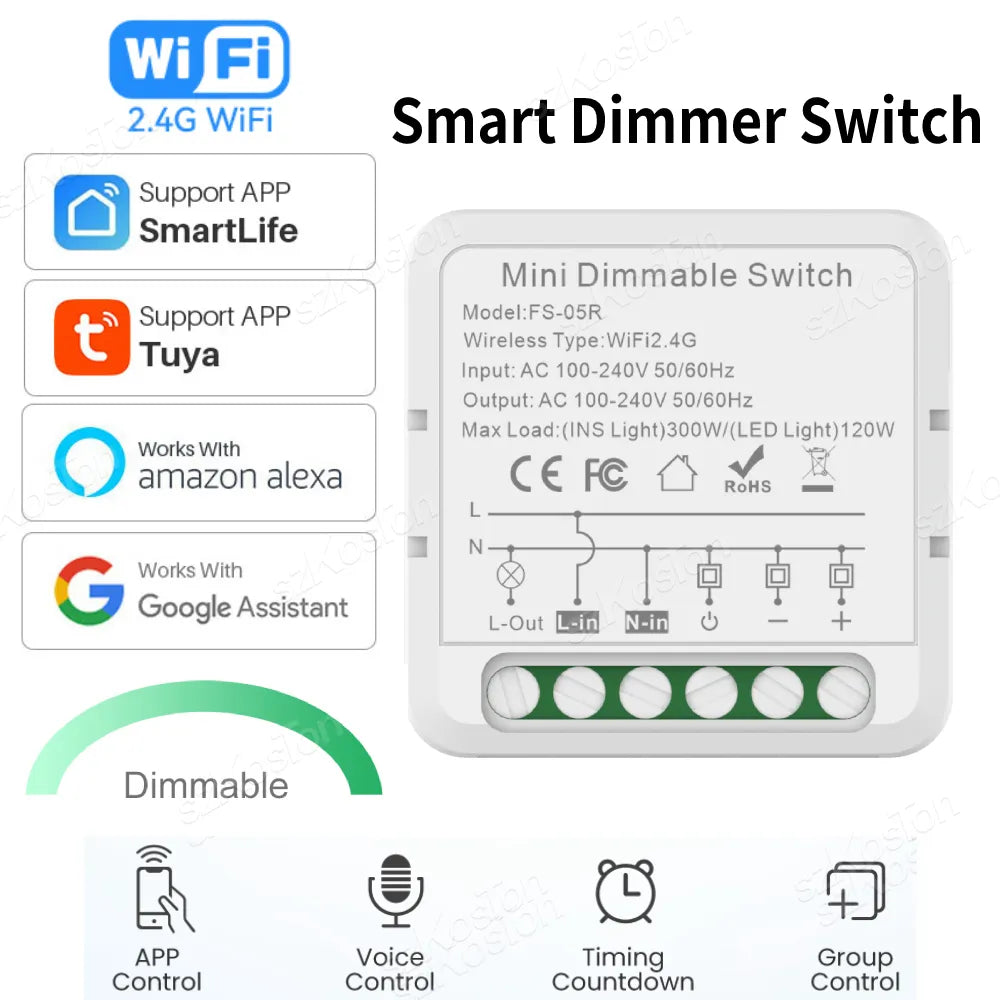  Wi fi Smart Dimmer Switch Module 10A Support 2 Way Control 1/2 Gang Dimmable Compatible with Alexa Google Home Smart life App