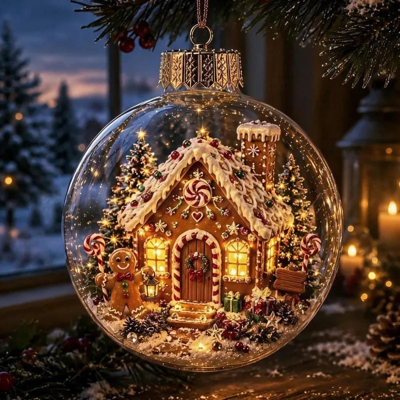 8CM Acrylic Material Christmas Ball Ornament with Light Size Hanging Christmas Decor Transparent Design Santa Claus Pendant