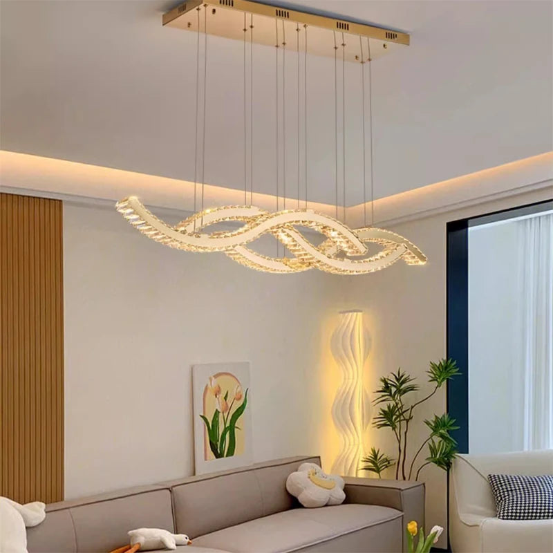 2026 Dining Room Lustre Remote Control Dimmable Pendant Lights Luxury K9 Crystal Hang Chandelier Wave Steel Lamp Fixtures