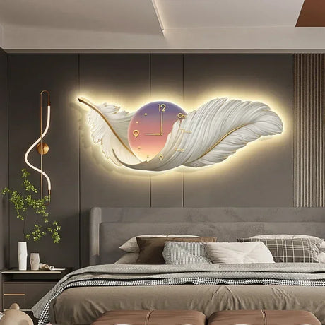 LED Wall Clock Light Luxury Large Art Clocks Living Room Decors Painting Wall Watch Feather Silent Clock Renog Home Decoration
